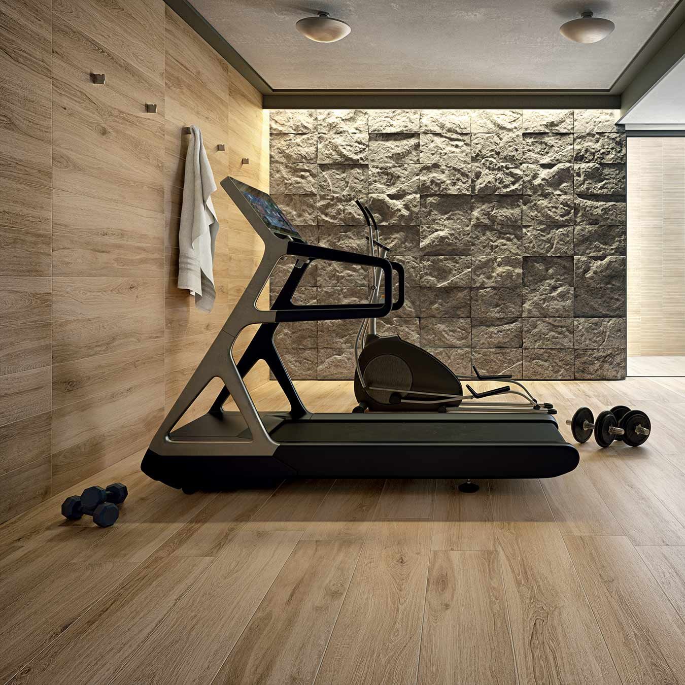 Salle de sport avec le carrelage sol imitation bois Nespolo