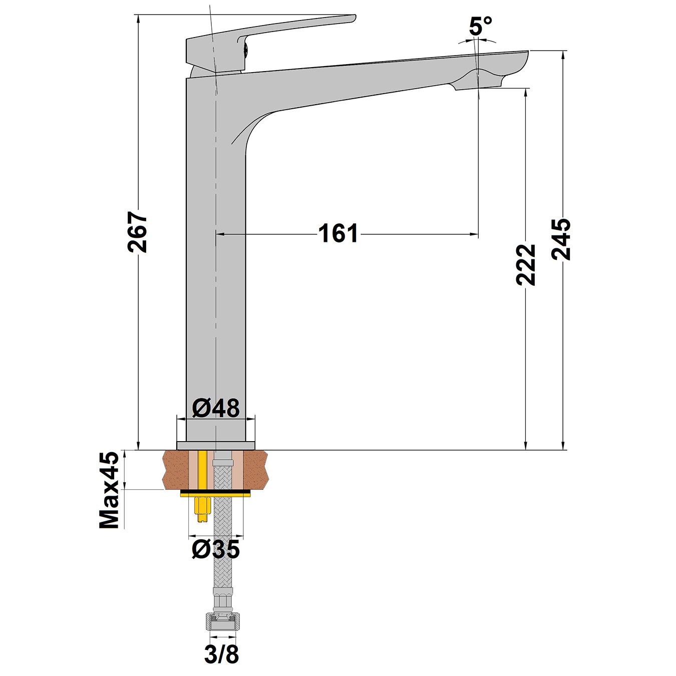 Dimensions du Robinet Mitigeur Lavabo Réhaussé Rour noir mat