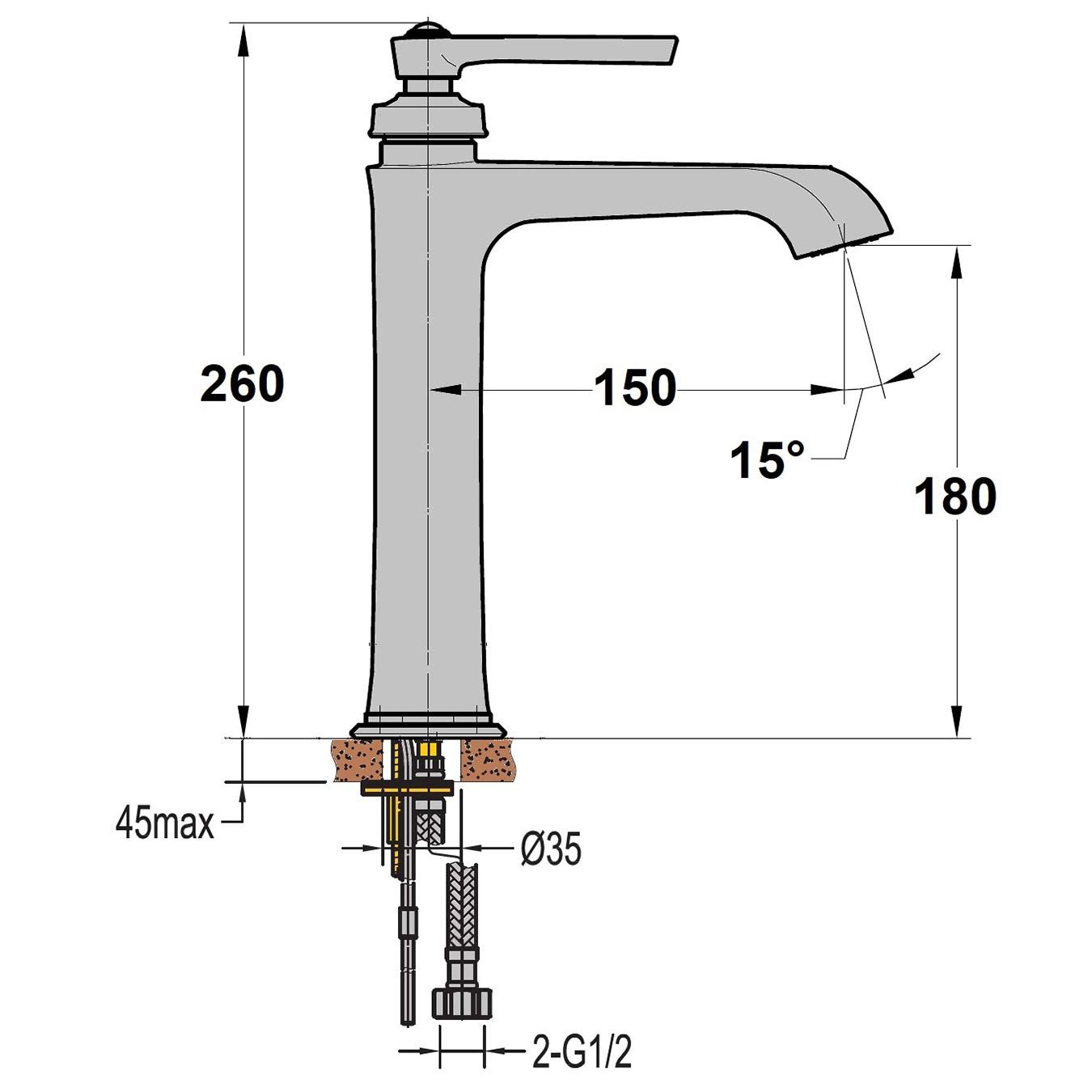 Dimensions Robinet mitigeur réhaussé Lamier Auburn