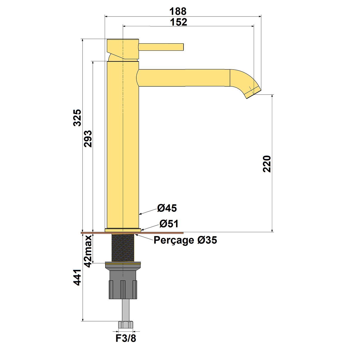 Données techniques Robinet mitigeur lavabo Optimia Act réhaussé