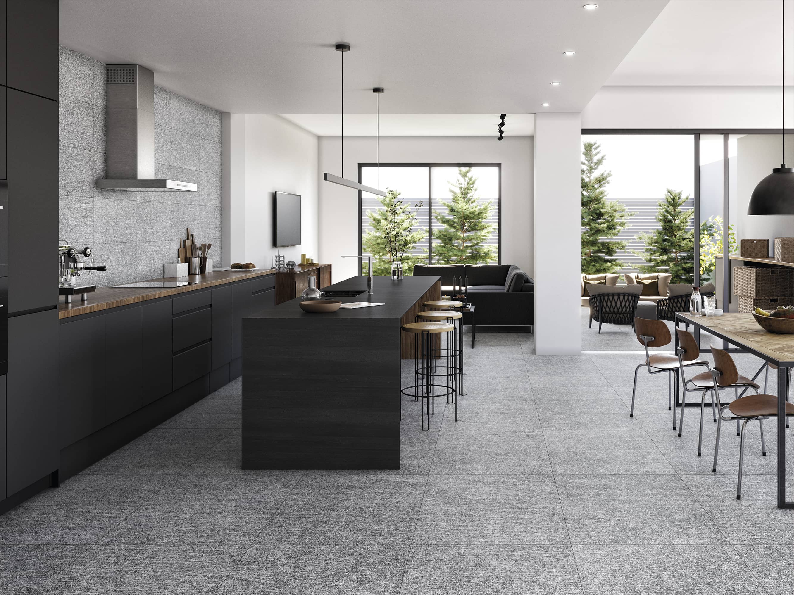 Les grands carreaux gris effet pierre naturelle créent le lien dans cette vaste pièce à vivre Tendance Design High-tech. Le coordonné en format rectangle habille le mur de crédence jusqu'au plafond.