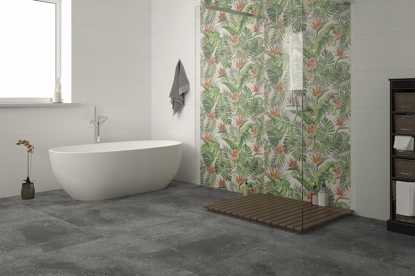 Carrelage mural douche effet jungle luxuriante