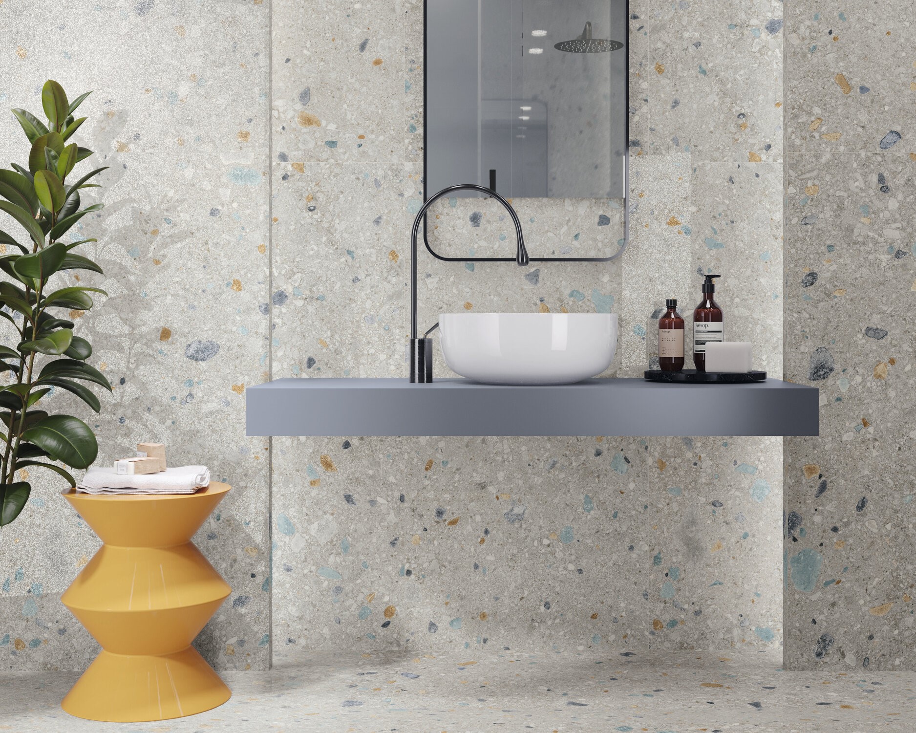 Carrelage sol et mur terrazzo bleu salle de bain