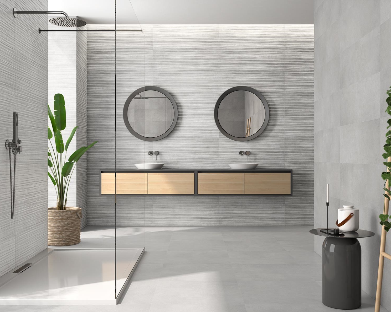 salle de bain effet beton et bois