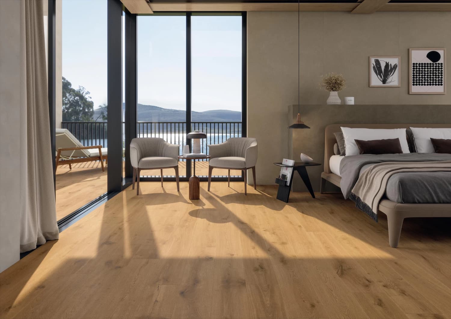 Le choix du carrelage de la chambre se prolonge avec la terrasse