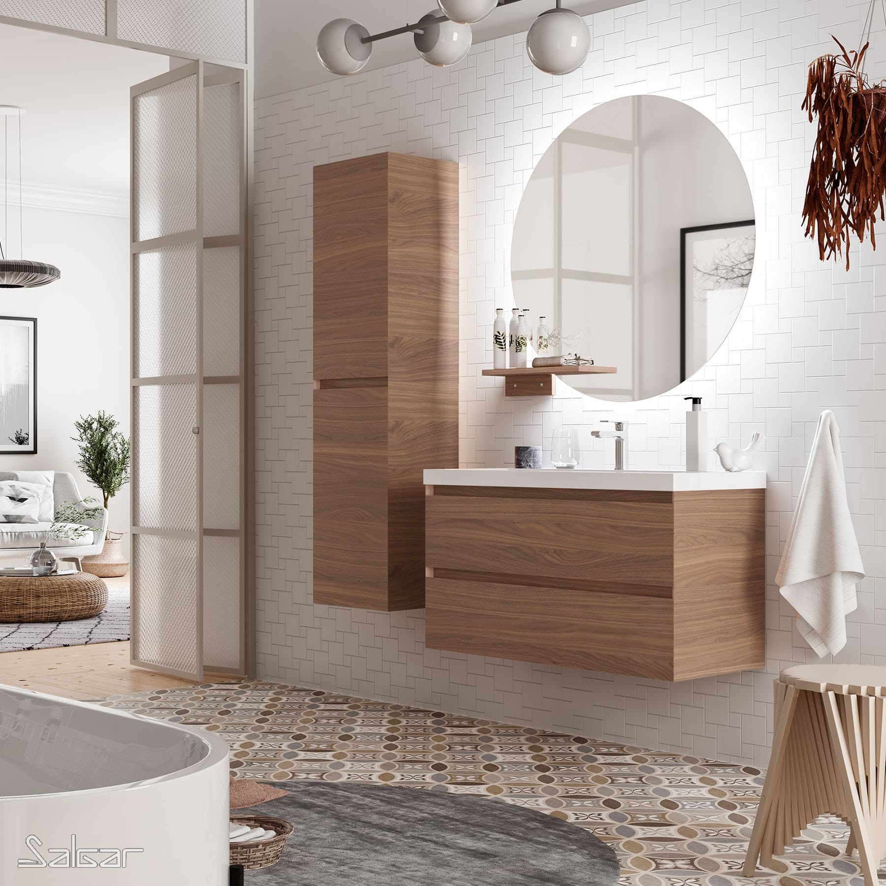 Bois et carrelage à motif vintage dans la salle de bain