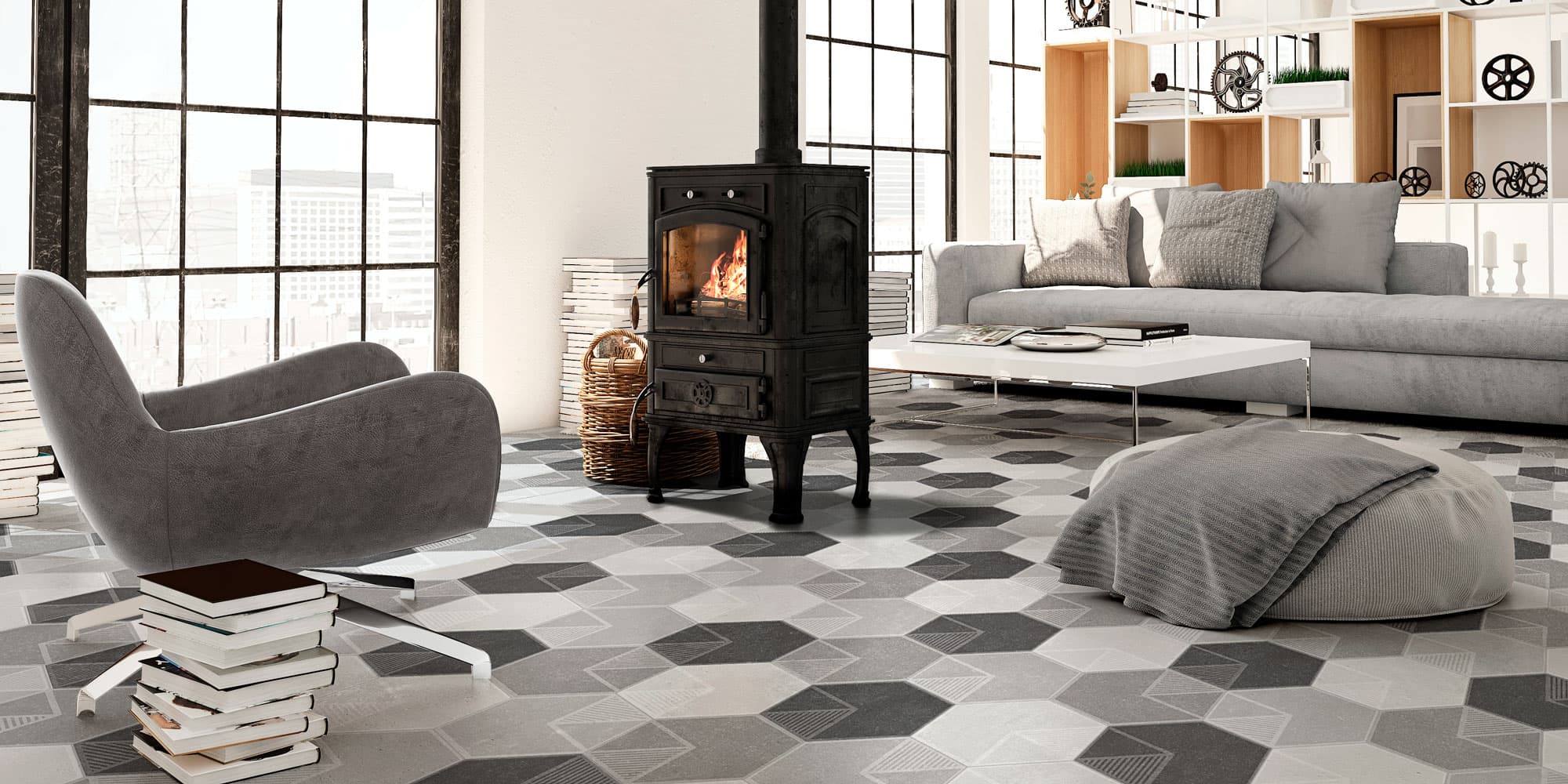 Carreaux ciment graphiques en noir et blanc pour un salon "Urbain Décontracté"