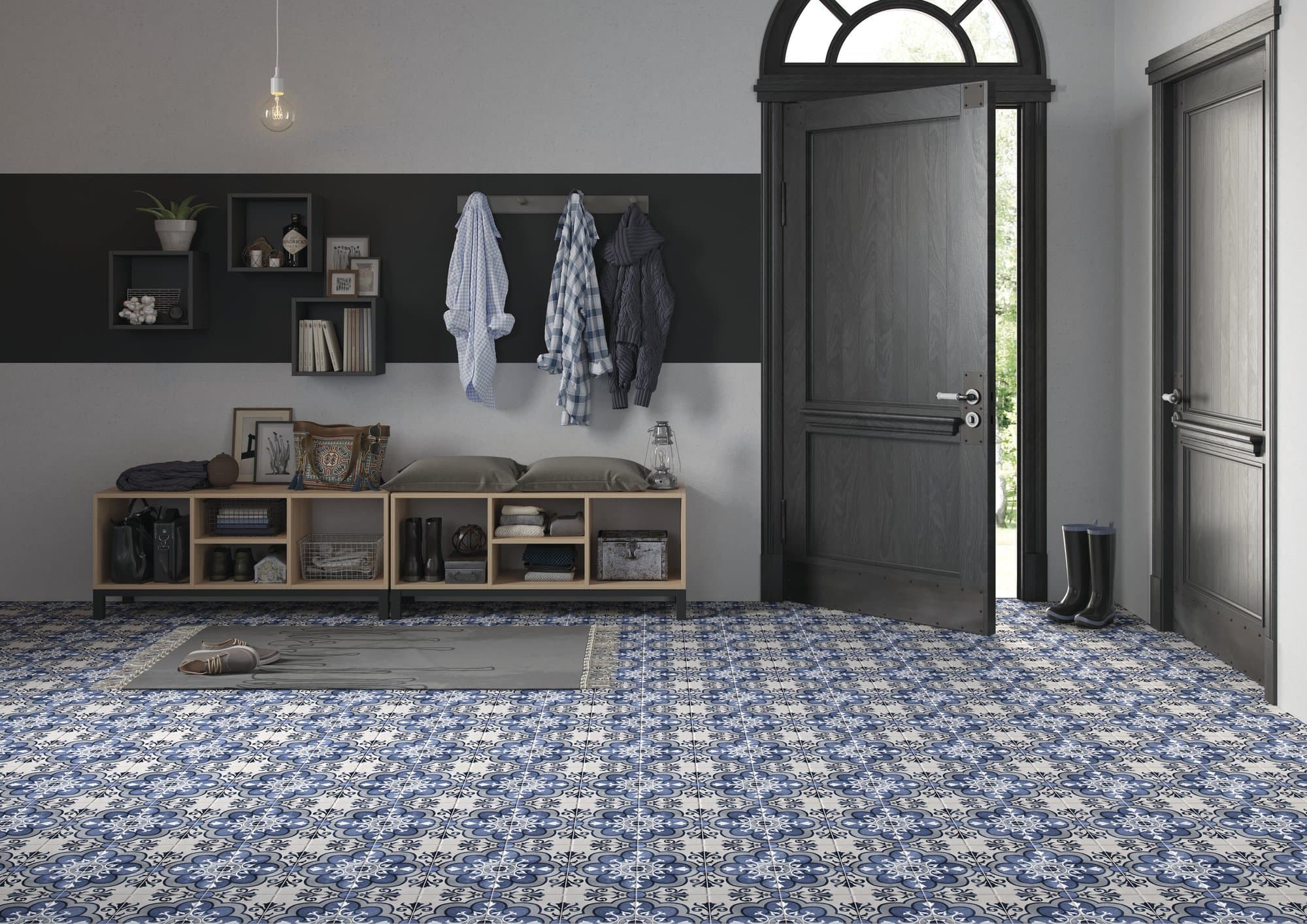 Carreaux ciment à motifs baroques pour une entrée "Bohème Contemporaine"
