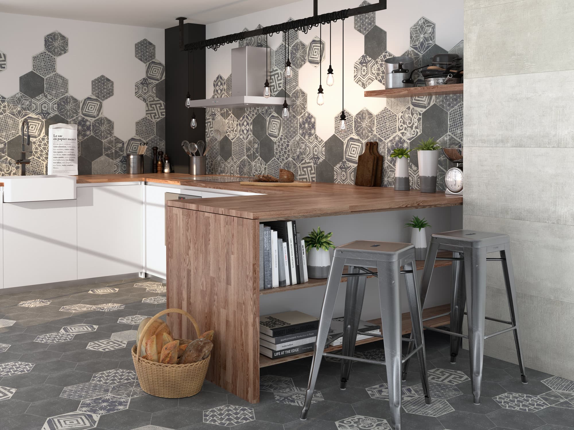 Carreaux ciment hexagonaux pour une cuisine "Bohème Contemporaine"