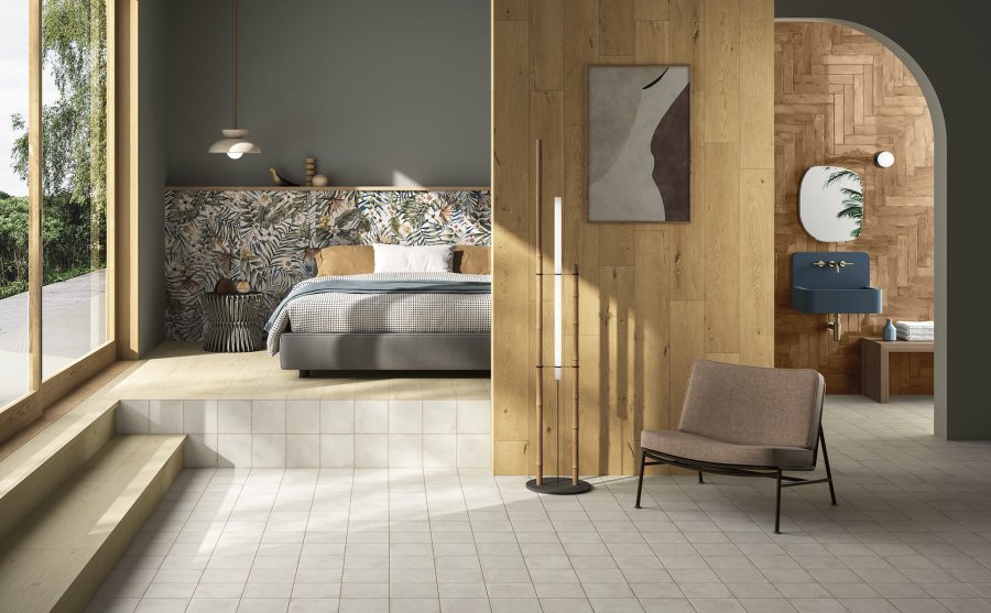Petite chambre inspiration carrelage jungle et mix bois