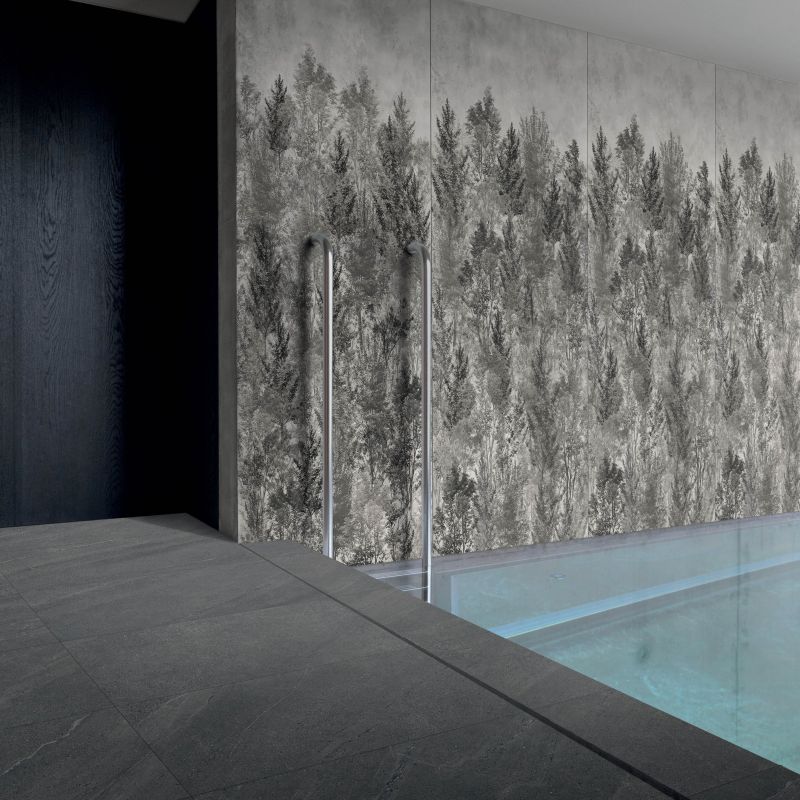 Une piscine intérieures aux inspirations d'ailleurs grâce à sa décoration murale