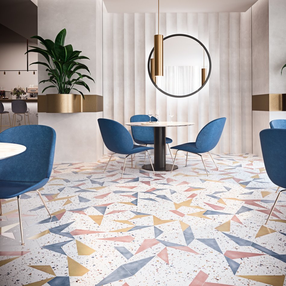 Carrelage séjour clair imitation Terrazzo multicolore