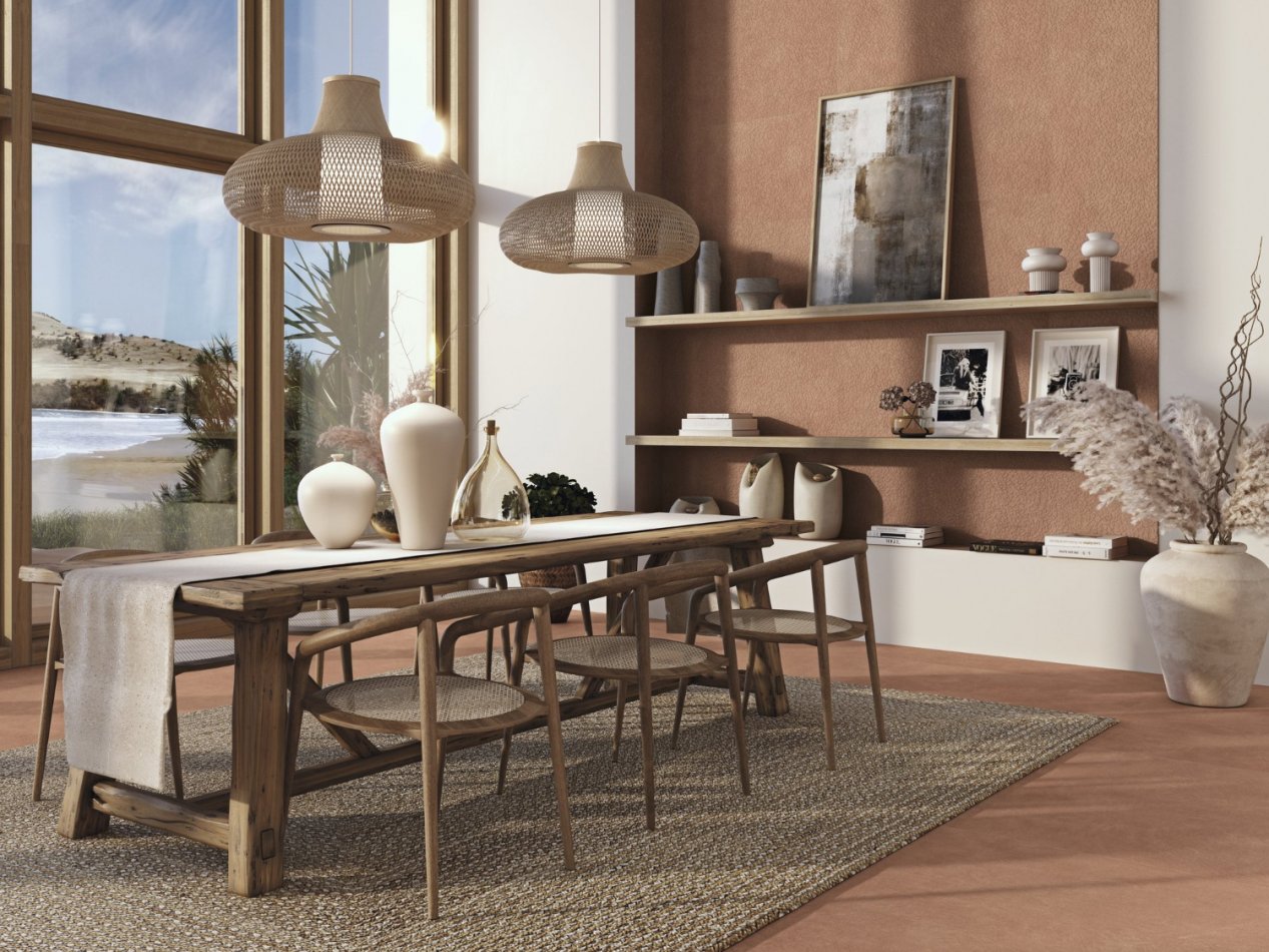 Salle à manger avec carrelage au sol effet Terracotta