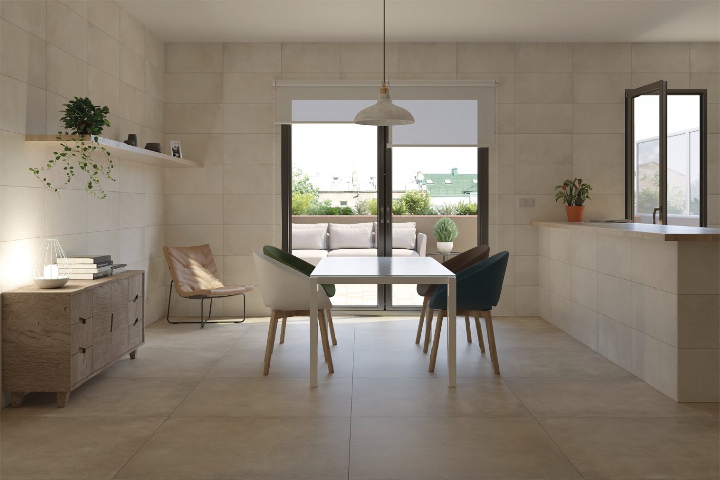Salle à manger avec son carrelage intérieur aspect pierre naturelle.