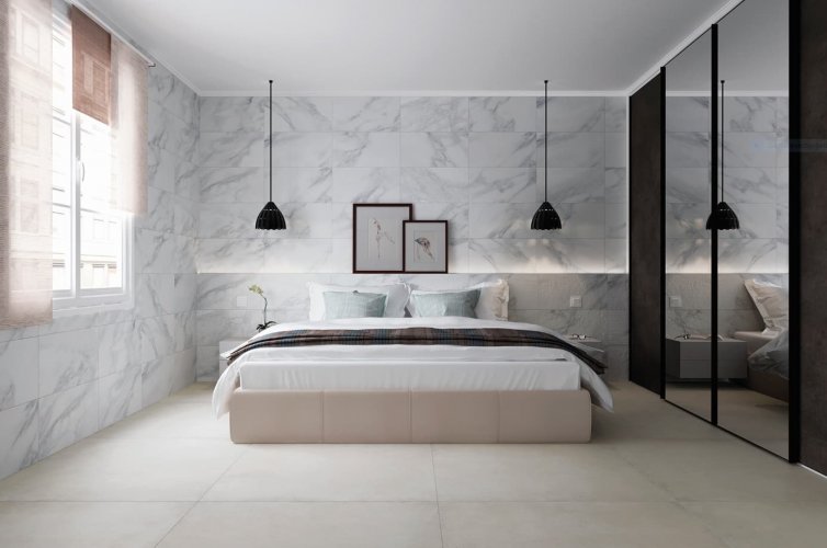 Carrelage gris clair effet marbre pour une chambre tendance.