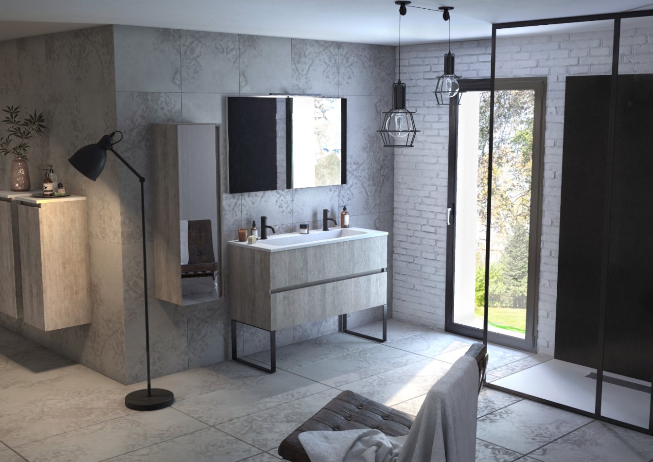 Carrelage de salle de bain gris, style industriel, meuble de salle de bains esprit scandinave.