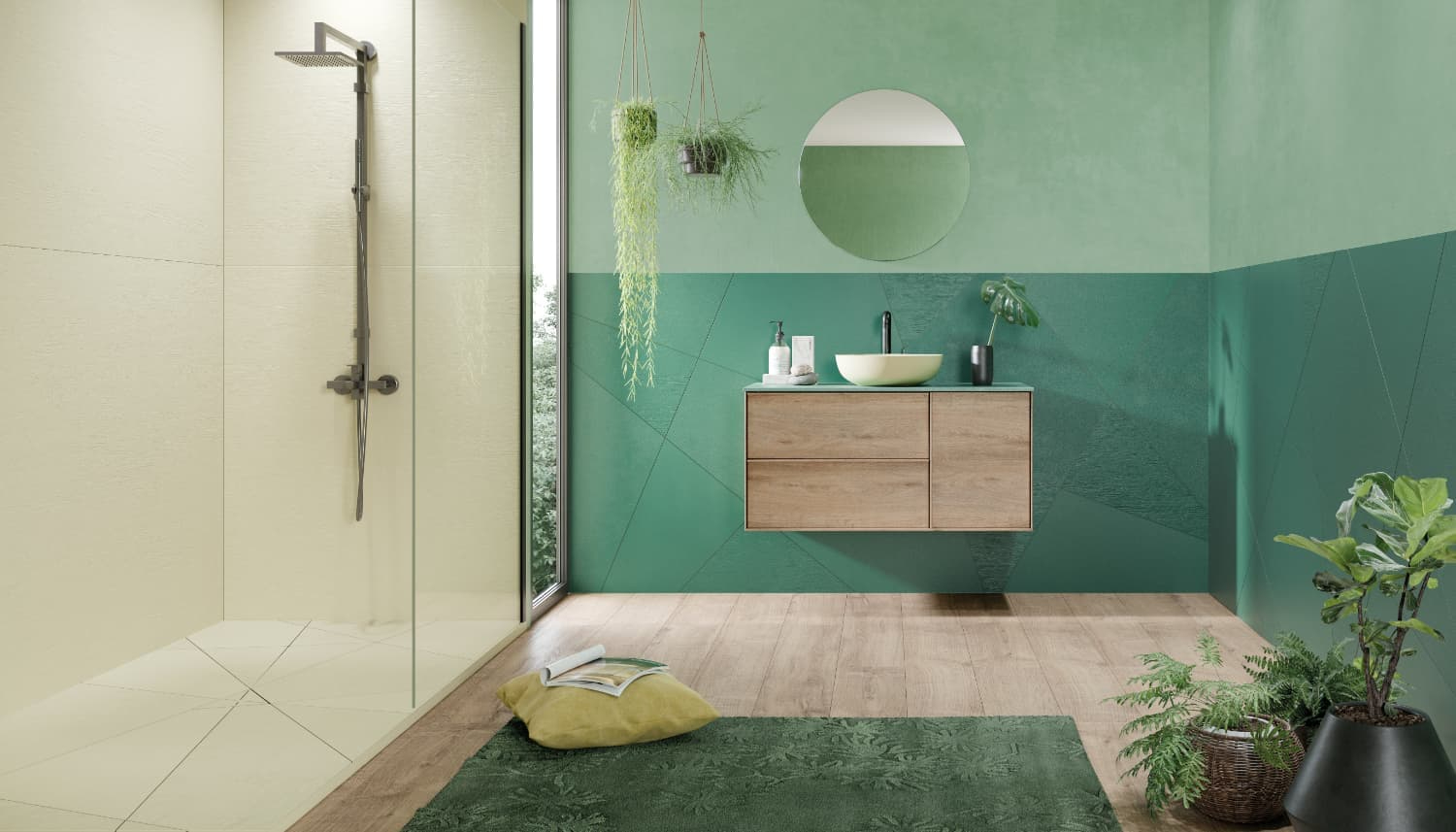 Petite pièce de la maison, la salle de bain se pare de couleurs avec le carrelage mural.