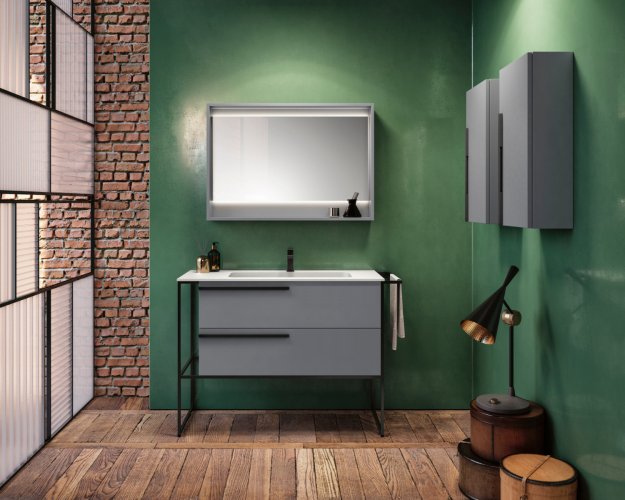 Carrelage imitation bois et meuble design pour une salle de bain moderne.
