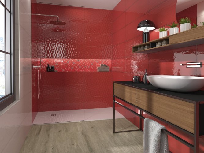 Carrelage rouge pour salle de bain avec douche à l'italienne