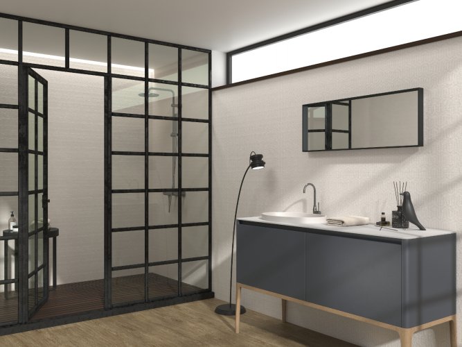 Un meuble de salle de bain esprit atelier et douche accessible.