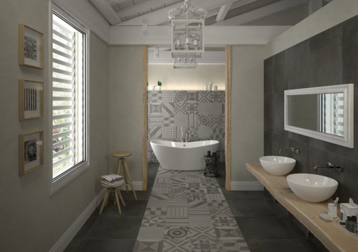 Carrelage imitation carreaux ciment pour une salle de bain spacieuse.
