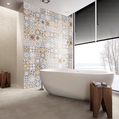 Carrelage pour la salle de bain, faïence murale imitation carreaux ciment et baignoire ilot