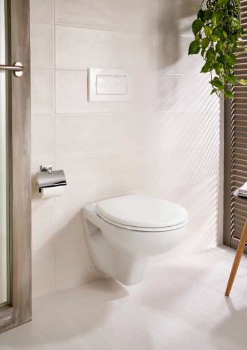 Un WC suspendu dans les toilettes, une cuvette blanche fonctionnelle.