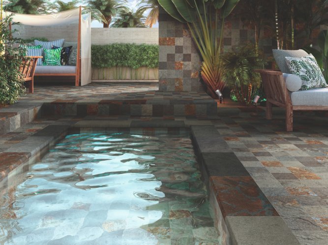 Différents carrelages pour le bassin de votre piscine, par exemple, la pierre de Bali.