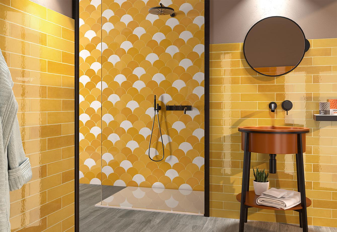 Carrelage salle de bain forme écailles jaune