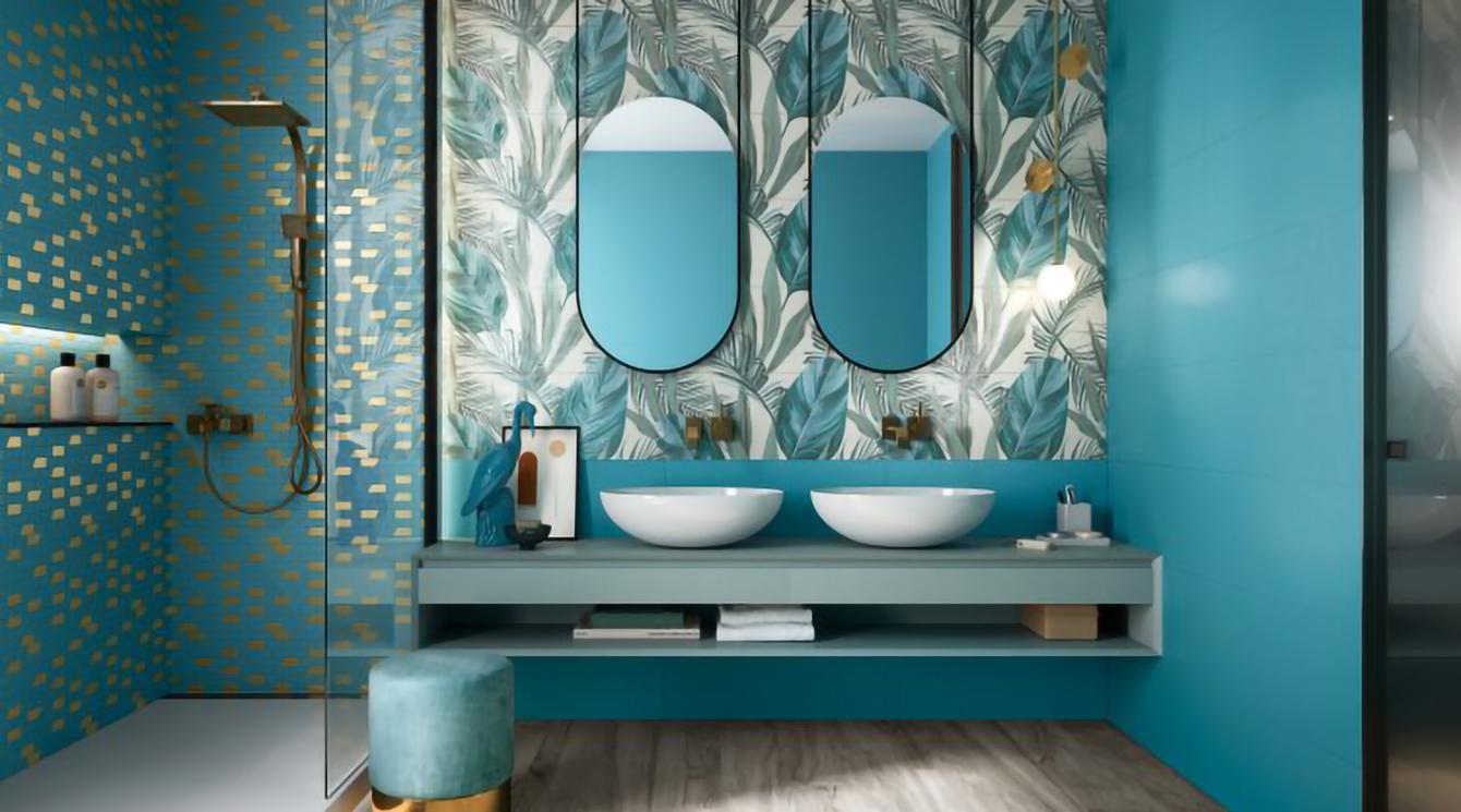 Carrelage mural ou faïence salle de bain effet jungle, teintée de bleu
