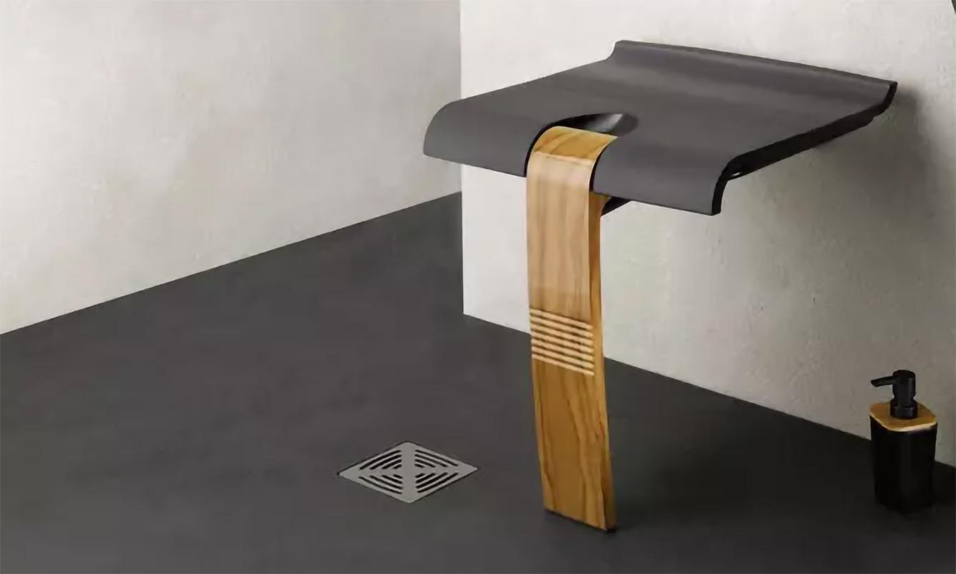 Tabouret de douche escamotable avec design noir et bois