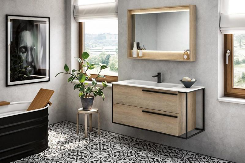 Bois et structure en métal noir pour le meuble de salle de bain Bois et structure en métal noir pour le meuble de salle de bain