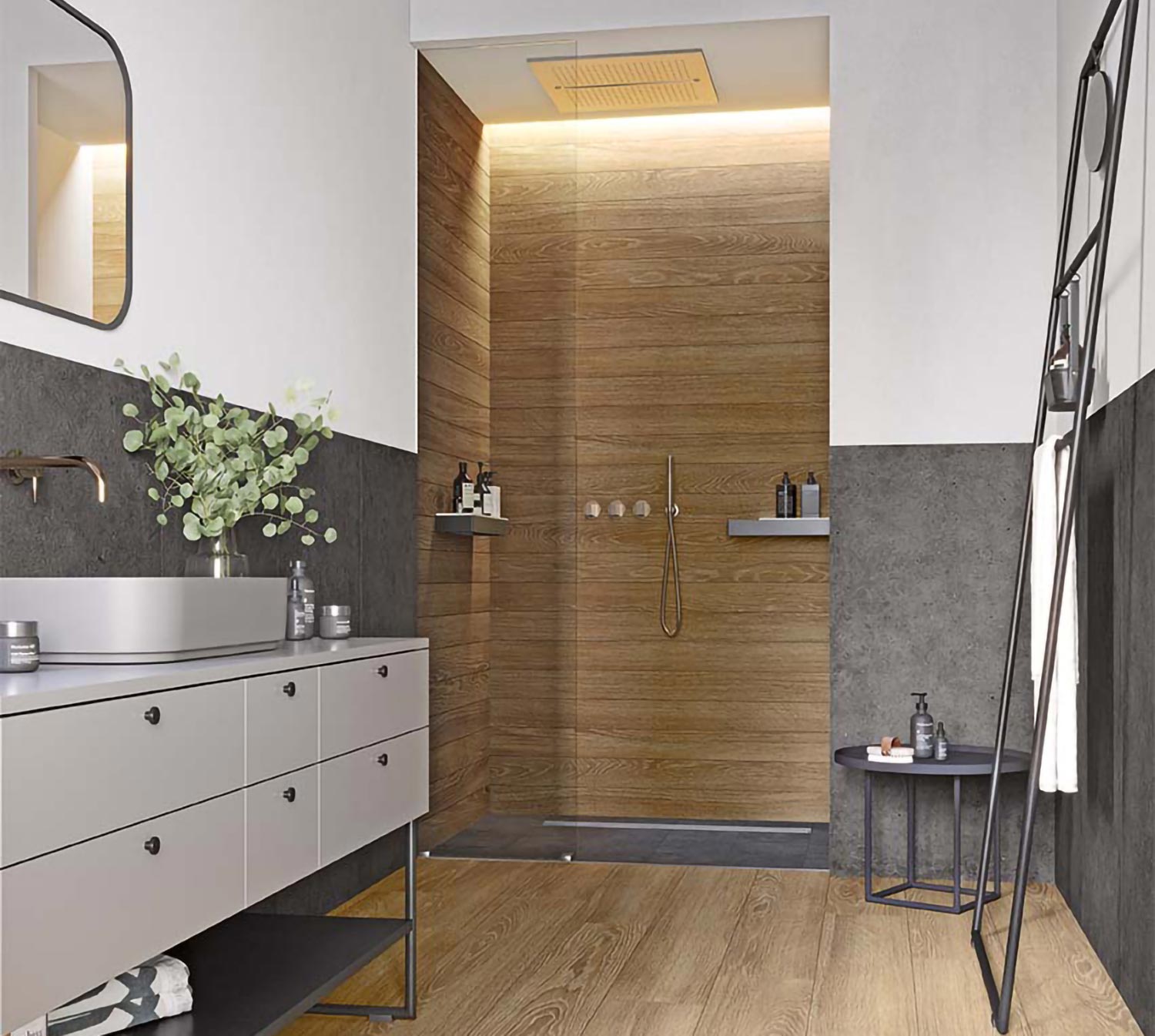 Grand Pommeau De Douche Et Finition En Bois à L'intérieur De La Salle De  Bain Moderne Rénovée