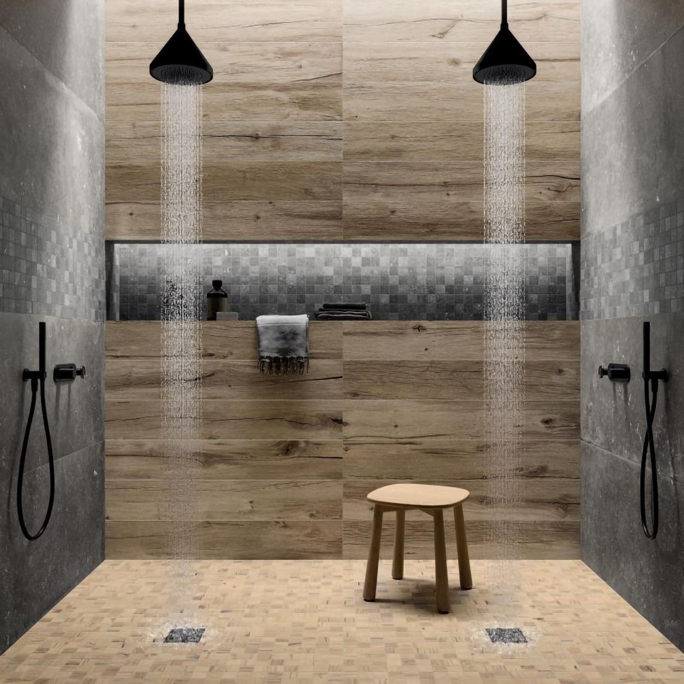 Carrelage pour salle de bain en bois et pierre grise