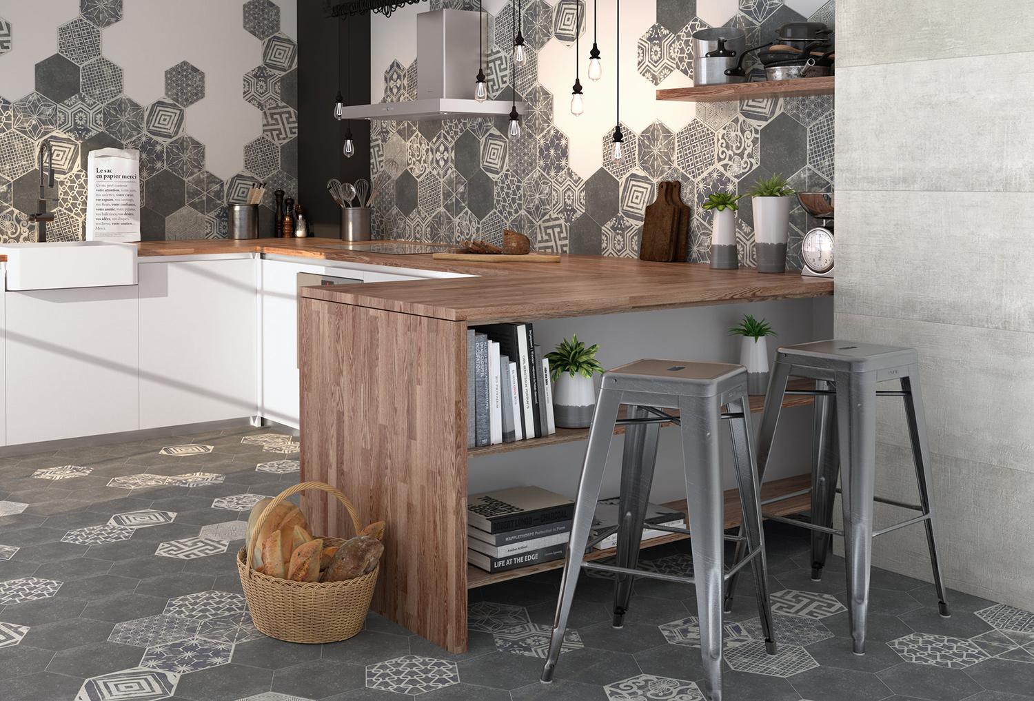 Carreaux ciment hexagonaux pour une cuisine Bohème Contemporaine