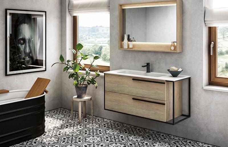 Salle de bain avec meuble finition bois