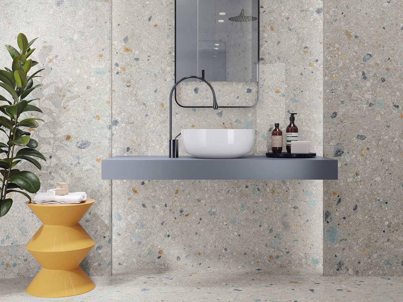 De jolies teintes pastel illuminent cette faïence d'inspiration terrazzo.