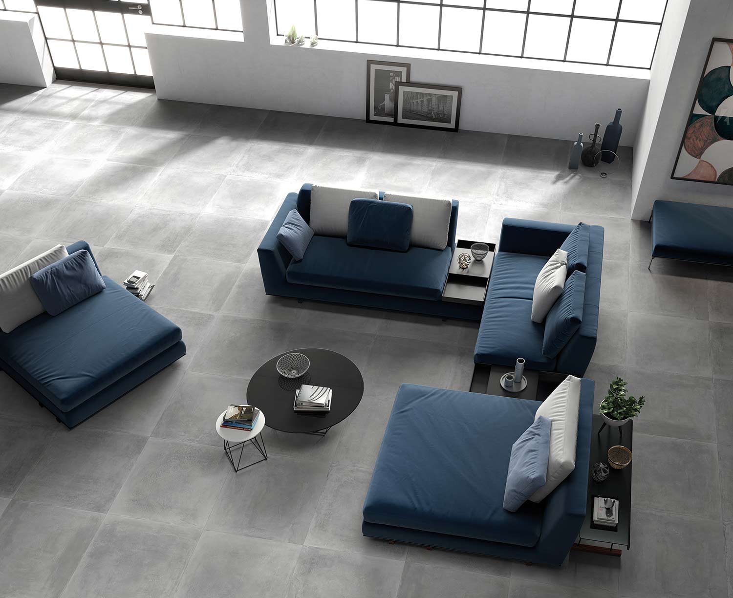 Carrelage béton gris texturé pour le sol du salon