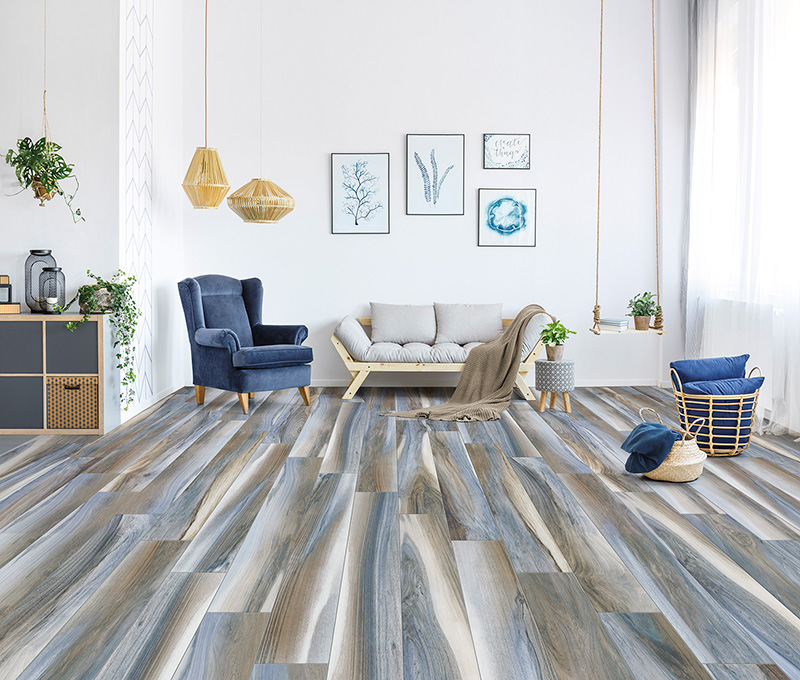 Carrelage bleu effet bois Ammophile salon