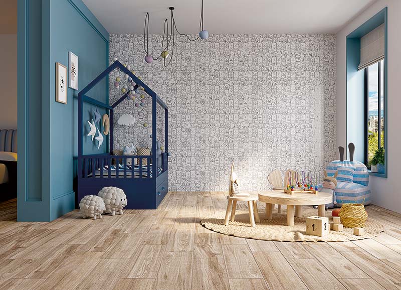 Chambre d'enfants avec au mur le carrelage imitation carreau ciment Canin