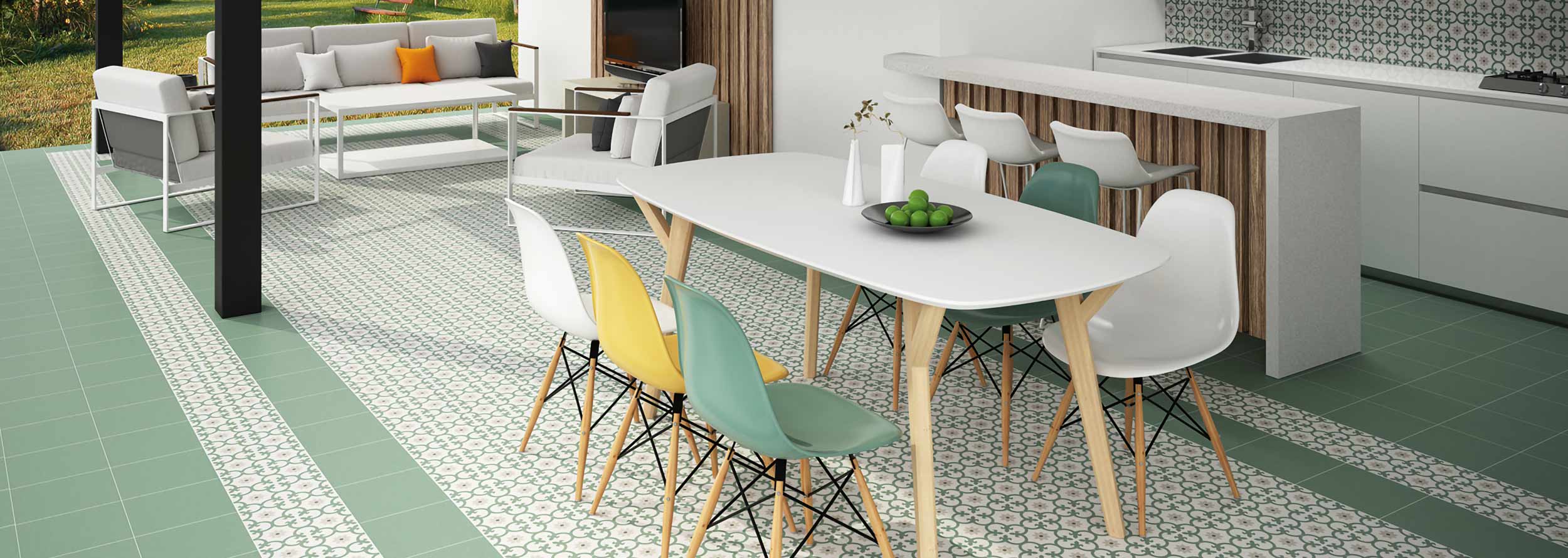 Séjour, salle à manger et cuisine équipés d'un carrelage imitation carreaux de ciment Dessi coloris vert