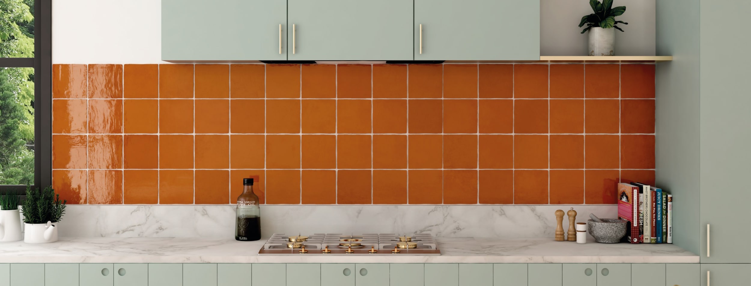 Crédence de cuisine avec du carrelage mosaique couleur orange