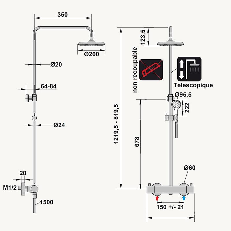 Dimensions Colonne de douche Asaret avec mitigeur thermostatique