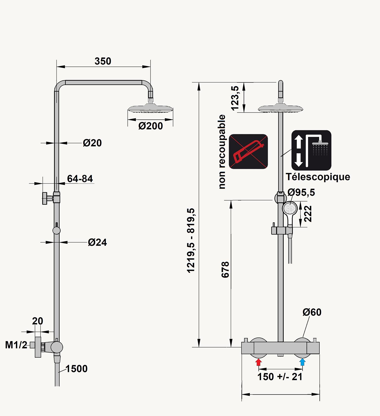 Dimensions Colonne de douche Asaret avec mitigeur thermostatique