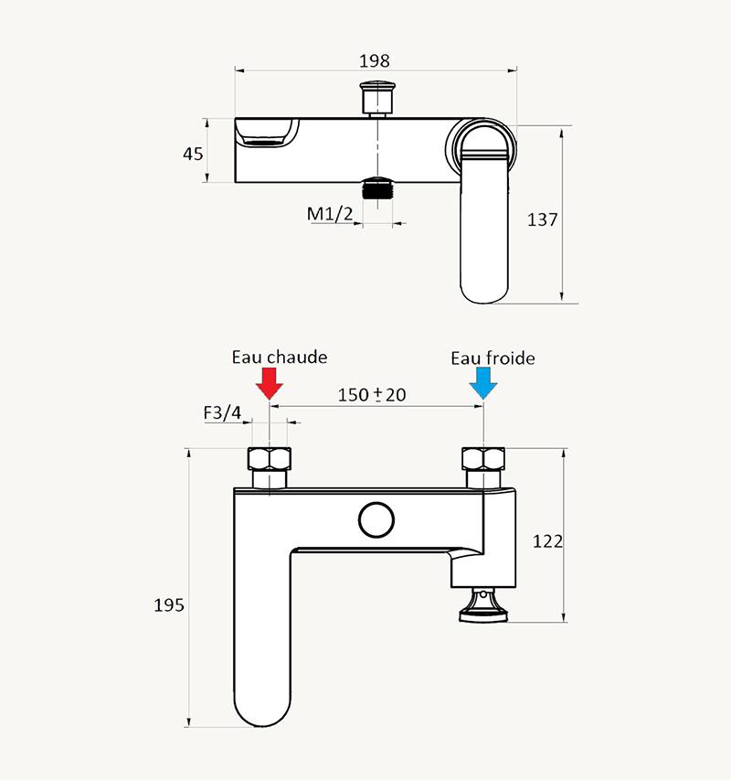 Dimensions robinet mitigeur pour bain et douche mécanique Asaret