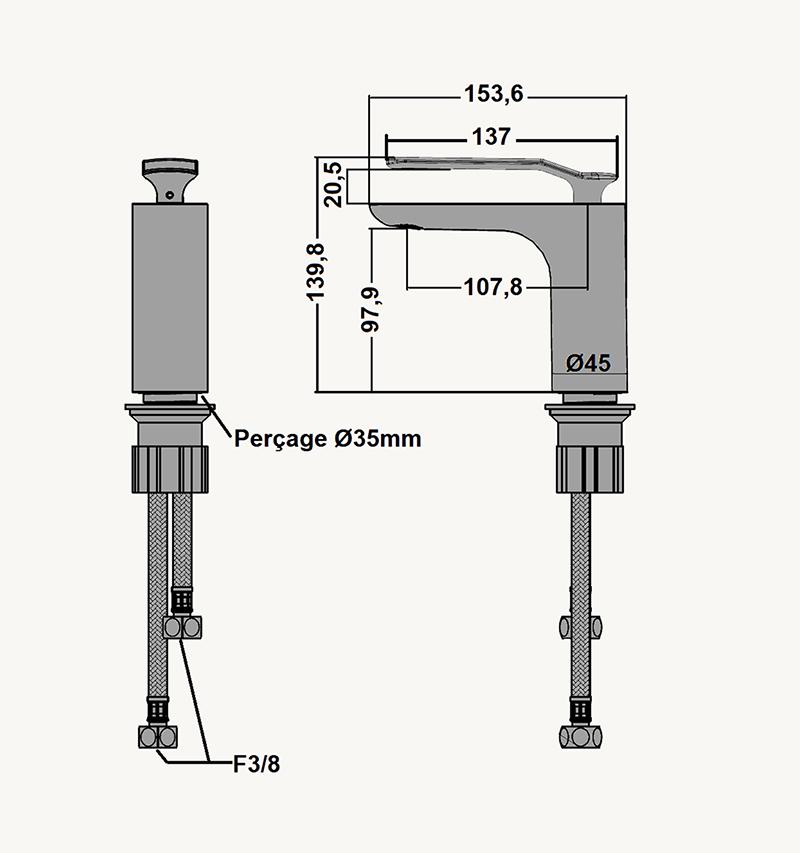 Schéma et dimensions du robinet mitigeur lavabo Asaret