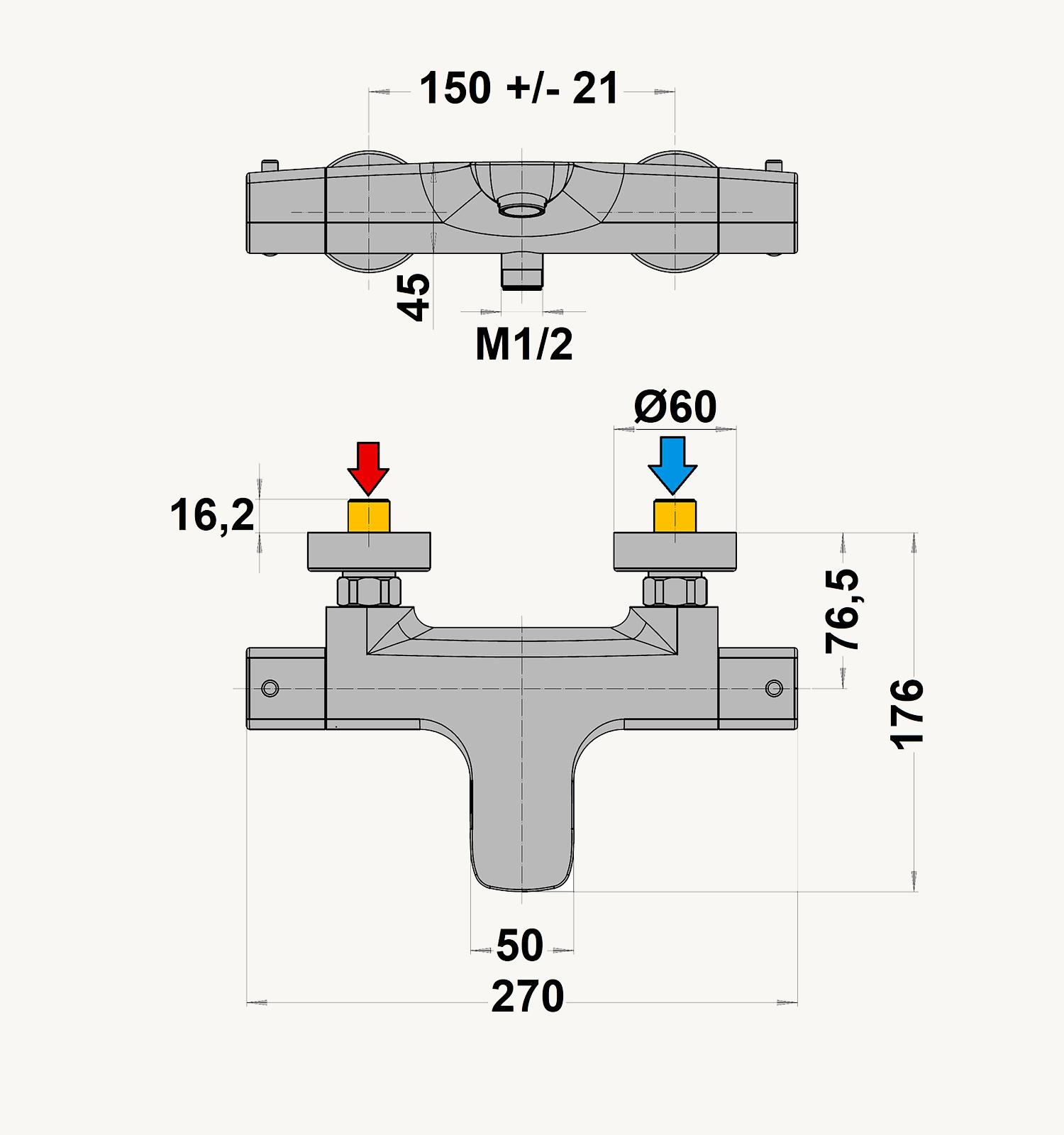 Schéma et dimmensions du robinet mitigeur Thermostatique Asaret