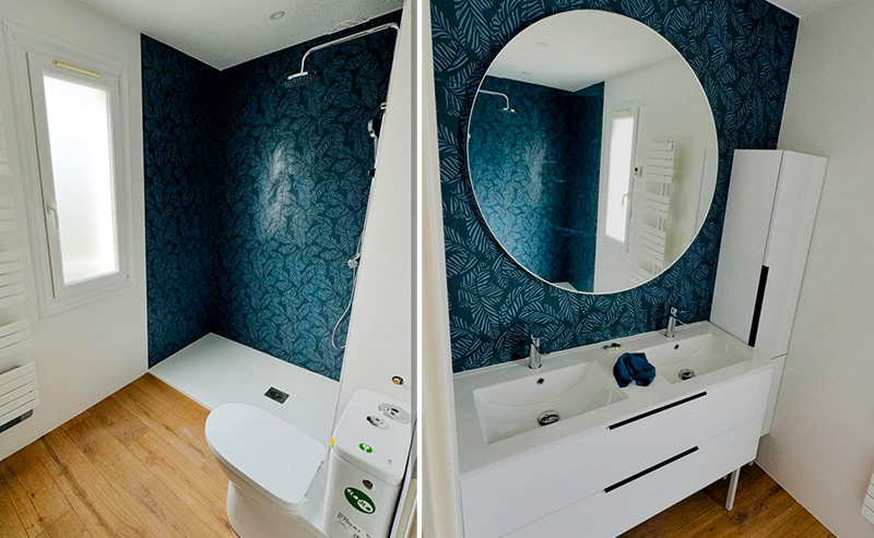 Rénovation salle de bain à Palaja avec carrelage déco floral du magasin Carrelage Audois.